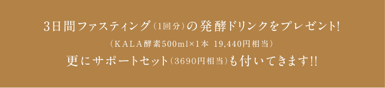 3日間ファスティング（1回分）の発酵ドリンクをプレゼント！（KALA酵素500ｍｌ×1本 19,440円相当）更にサポートセット（３６９０円相当）も付いてきます！！